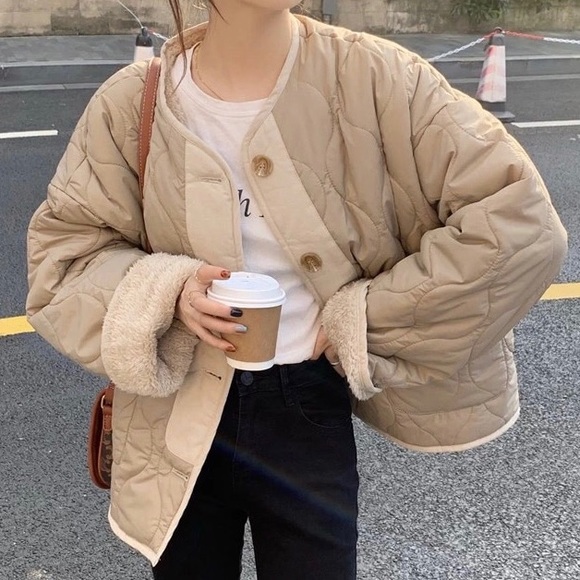 Coat jacket reversible cozy khaki beige tan pocket quilted puffer pocket women - Picture 3 of 15